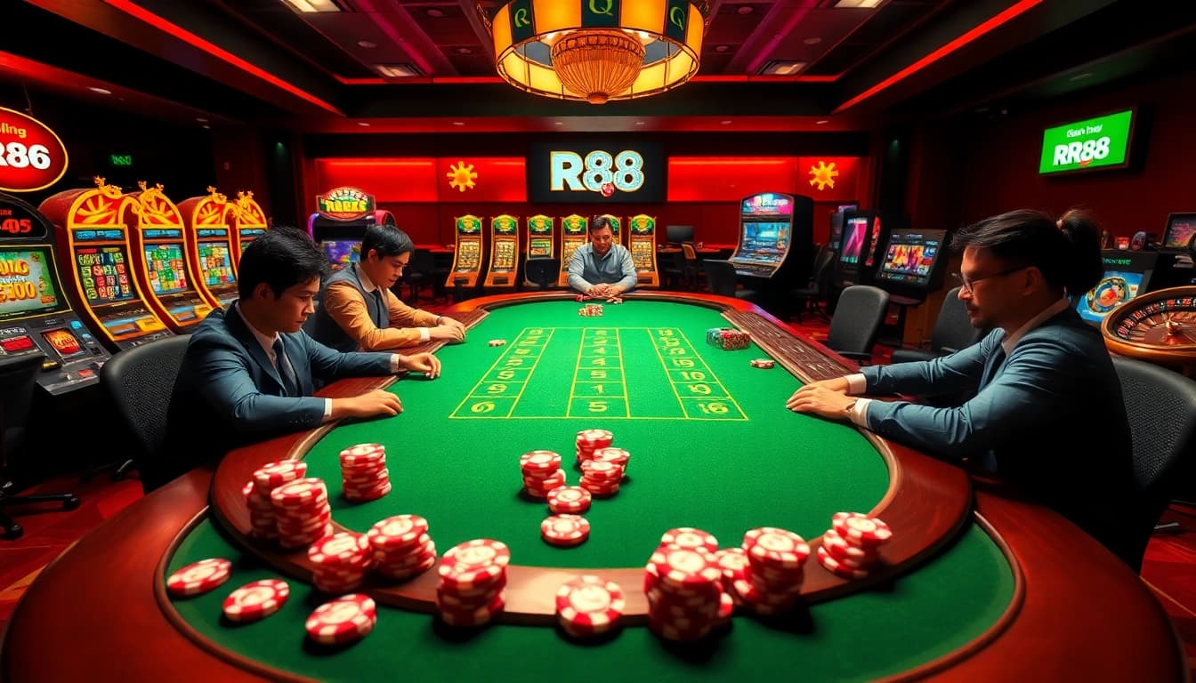 Experience the excitement of online gambling at RR88 with vibrant casino visuals and betting action.