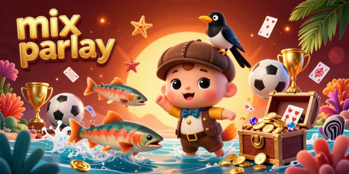 Engage with mix parlay betting in a lively 3D illustration featuring a charming Loch Ness monster and playful game elements.