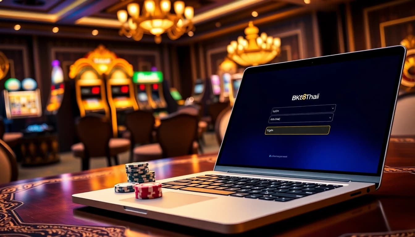 Experience exciting online gambling at BK8Thai with vibrant casino games, poker chips, and slot machines.