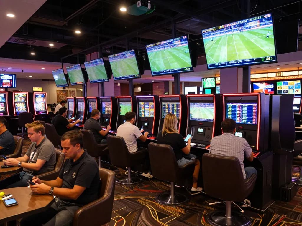 Active sports betting in a lively lounge showcasing keo nha cai options with screens displaying live events.