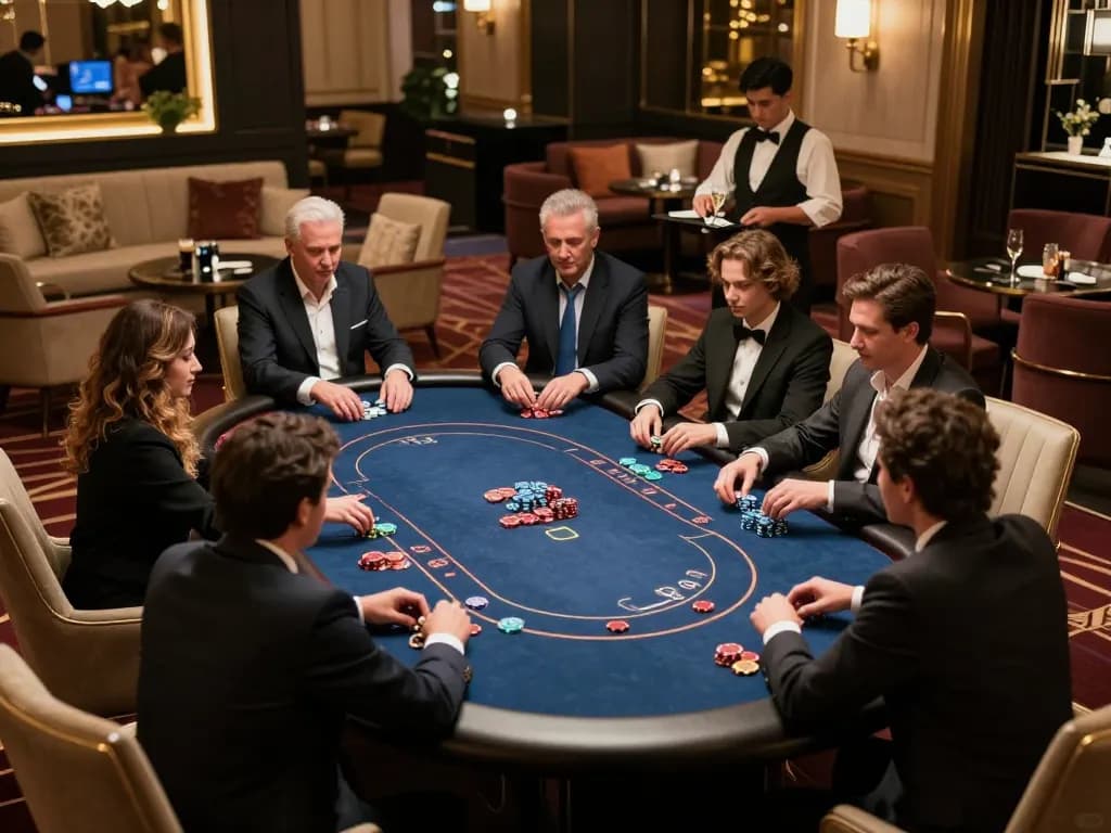 High-stakes poker players at exclusive iWin VIP gaming table in luxurious casino setting