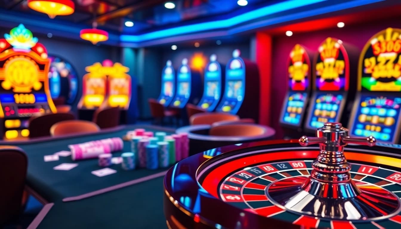 Adegan kasino yang menarik menonjolkan Datukwin Alternatif dengan meja mewah dan mesin slot berwarna-warni.