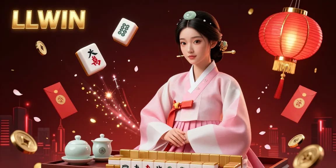 Experience the thrill of LLWIN with mahjong tiles, lanterns, and festive elements in a vibrant casino setting.
