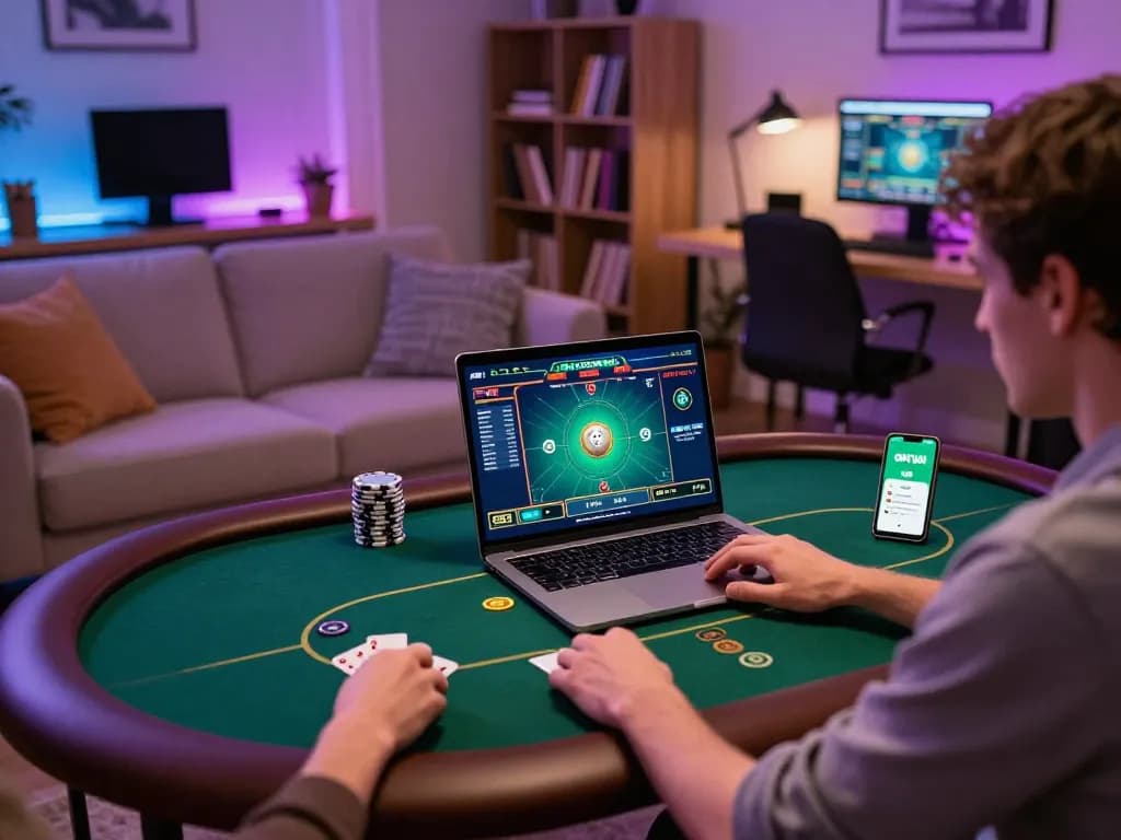 Player engages in an online poker game using the OKFUN app from a cozy home setup, showcasing a comfortable gaming atmosphere.