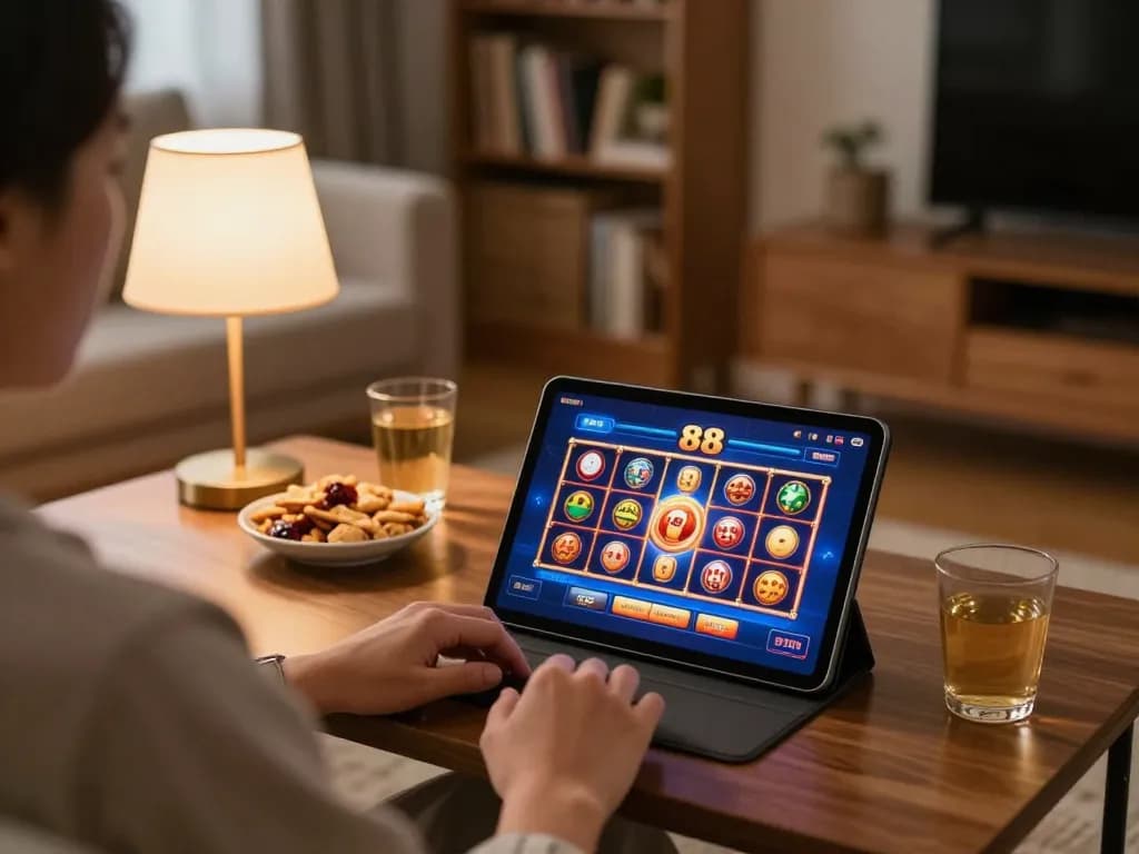 Person enjoying online gameplay at say88 in a cozy living room with warm decor