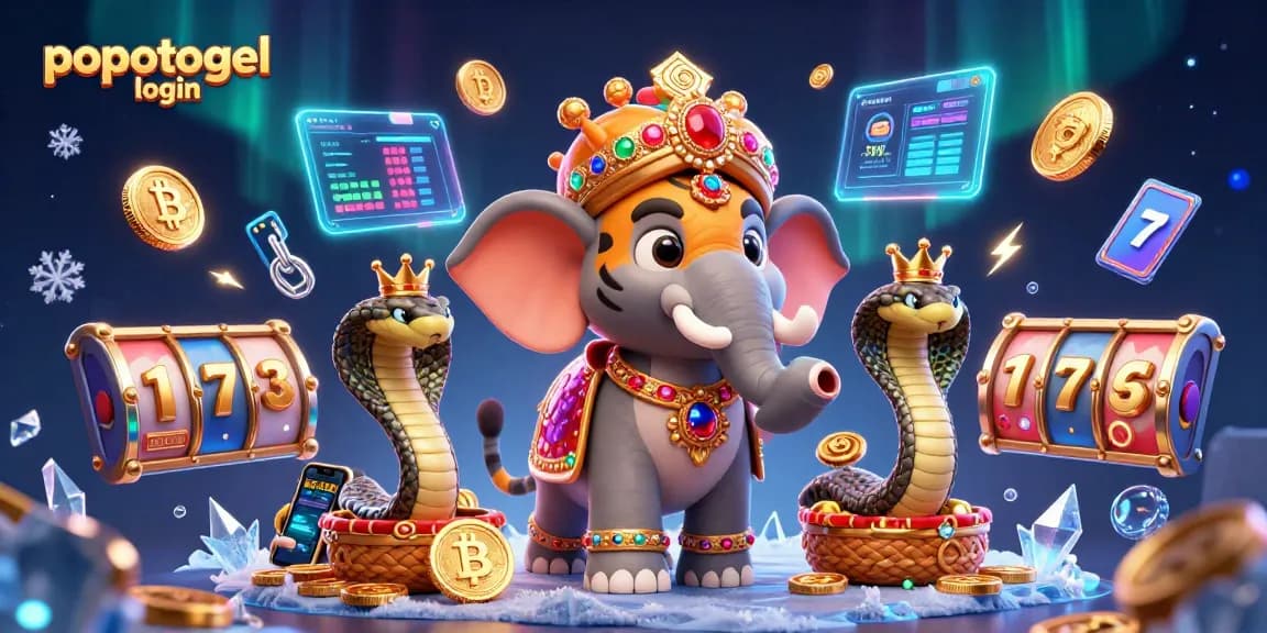 Experience the excitement of popotogel login with a vibrant casino illustration depicting a 3D maharaja and elephant surrounded by dynamic gaming elements.