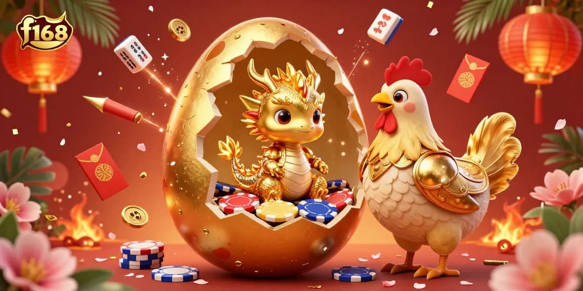 Experience winning action with f168's golden dragon guardian amidst colorful poker chips.