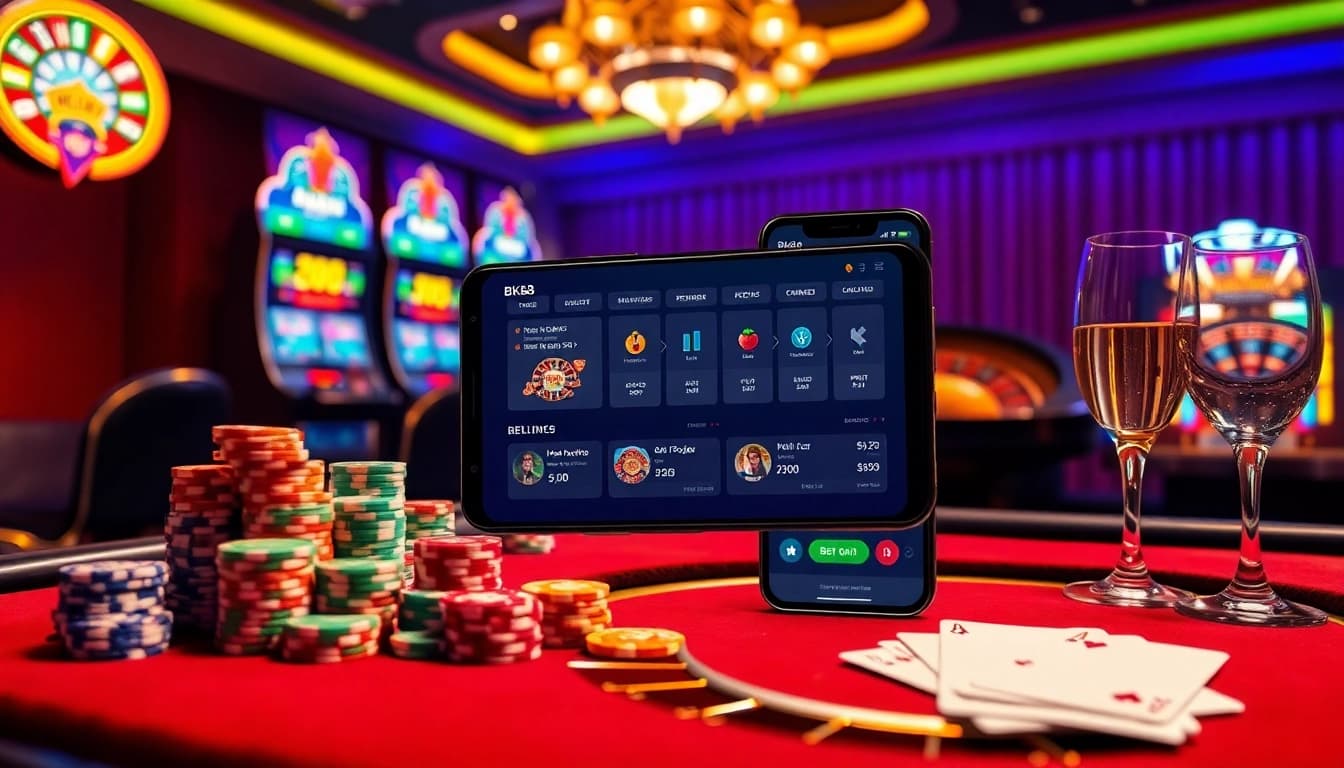 Experience the thrill of betting with BK8Thai's exciting casino scene featuring poker chips and roulette.