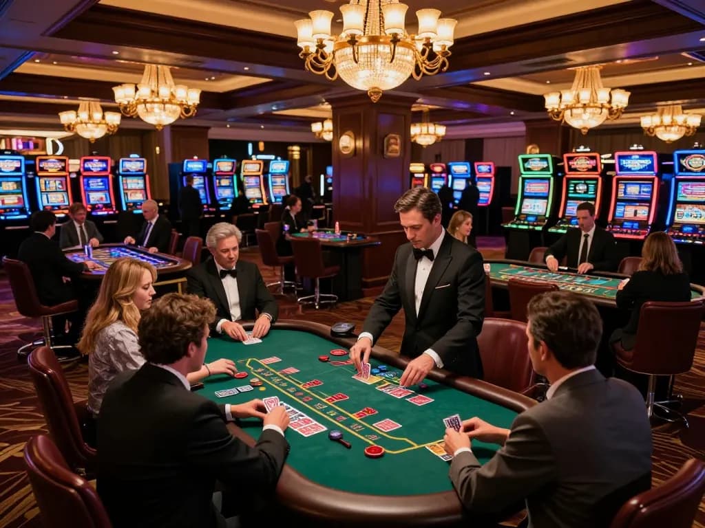 vaobet blackjack table filled with players strategizing their bets in a luxurious casino setting