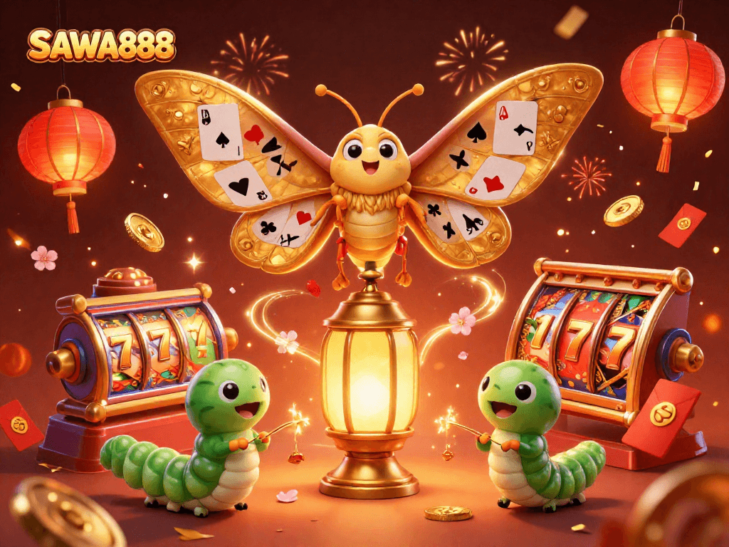 Experience the excitement of SAWA888 with vibrant casino scenes featuring a majestic atlas moth.