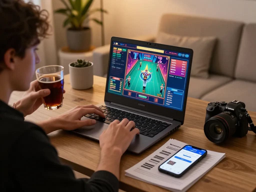 Engaging user playing on LGOLUX online gaming platform, showcasing vibrant slot graphics and cozy environment