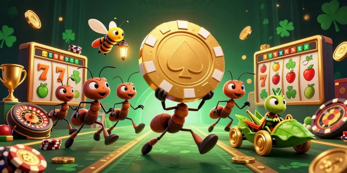 Sukan8a showcases ants heisting a giant poker chip in a vibrant casino illustration, filled with gaming elements.