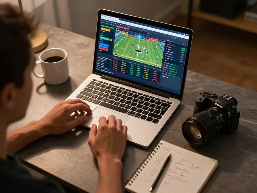 Engaged betting on w188 com with live sports odds displayed on a laptop in a cozy home office setup