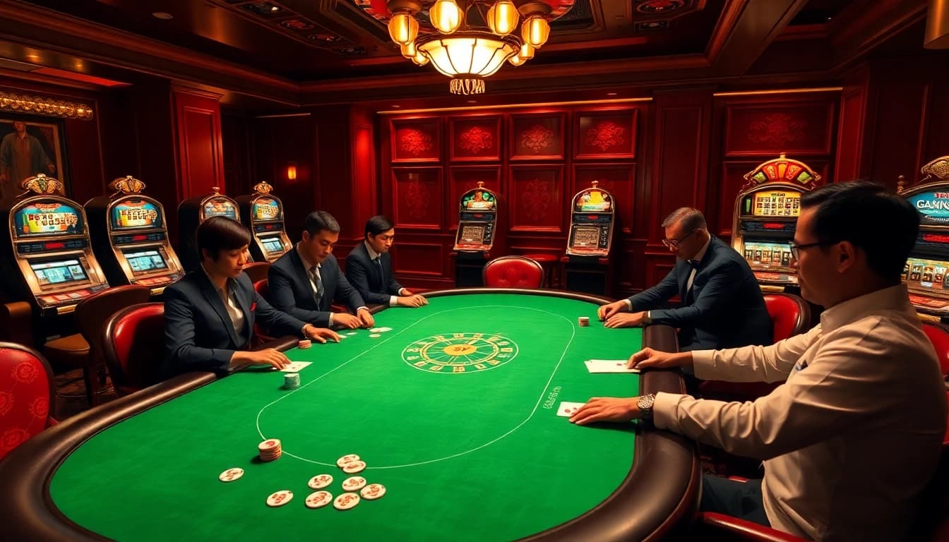 High-stakes poker action at nhà cái iwin casino with vibrant tables and excited players.