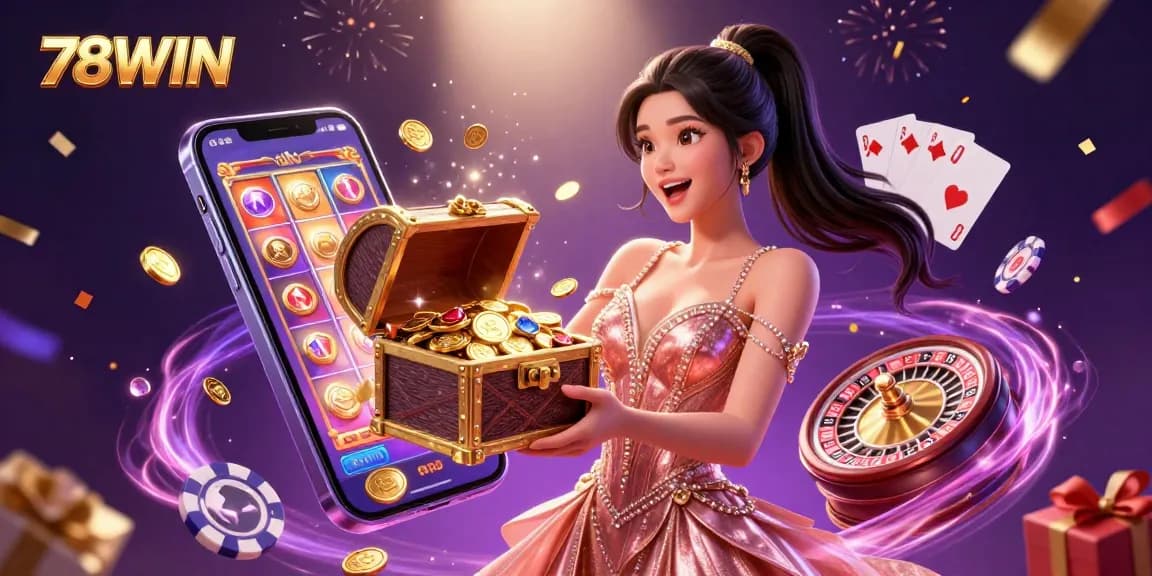 78WIN showcases a vibrant casino scene with a stunning woman, golden treasures, and exciting game actions.