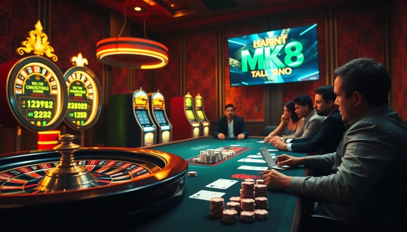 Engage with MK8 gaming excitement at a vibrant casino with roulette and slot machines.