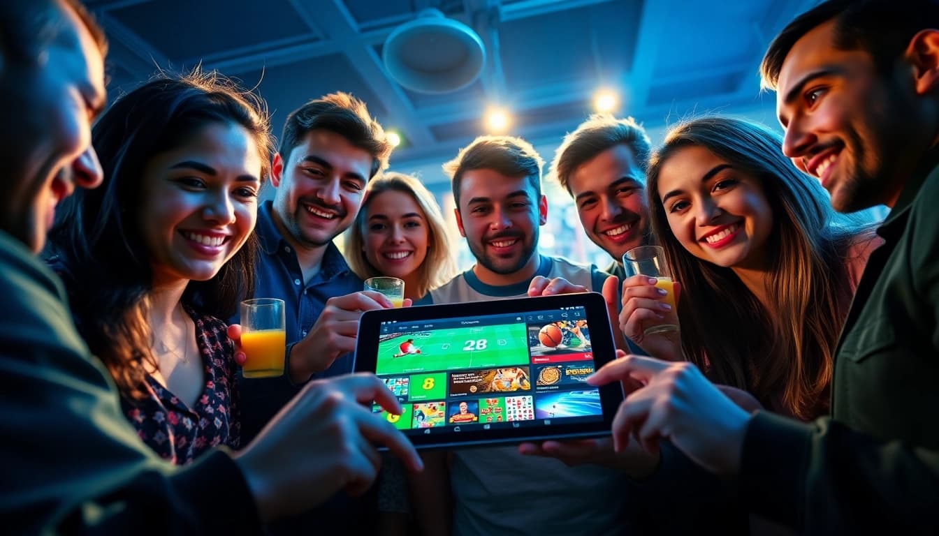 Exciting online betting scene with 28bet.com interface showcased in a vibrant social setting.