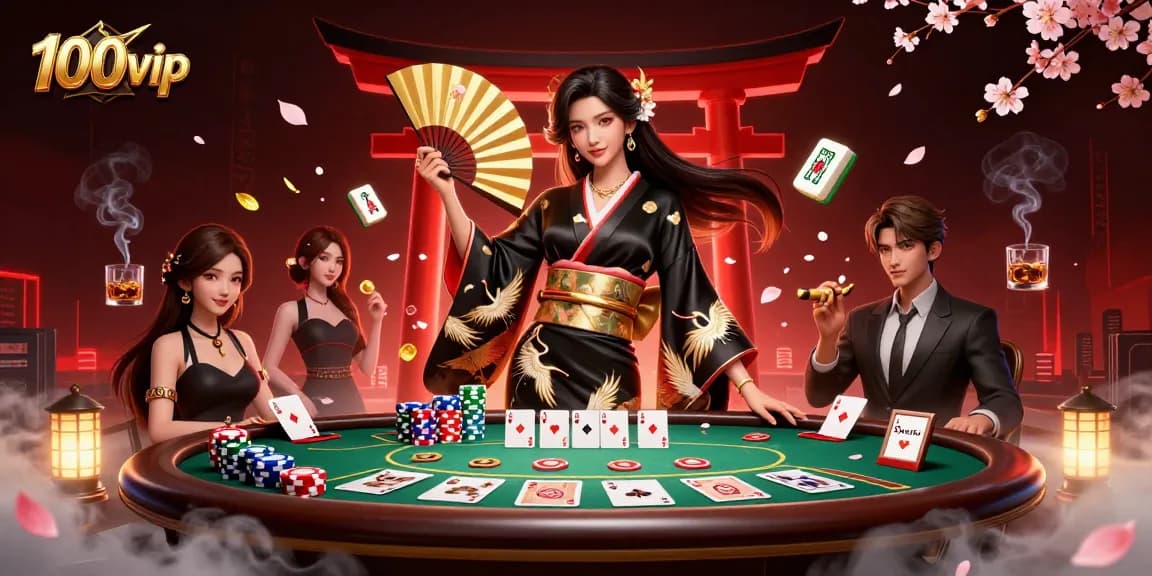 Engage in exciting gameplay at 100vip with a glamorous casino scene showcasing poker elements and an elegant atmosphere.