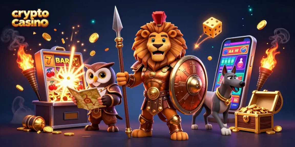 Epic crypto casino scene with Spartan lion, owl strategist, and greyhound amidst jackpots.