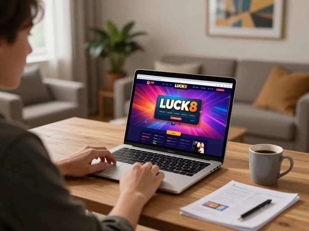 Tham gia trò chơi trực tuyến với ứng dụng LUCK8 trên laptop, thể hiện một thiết lập chơi game hiện đại