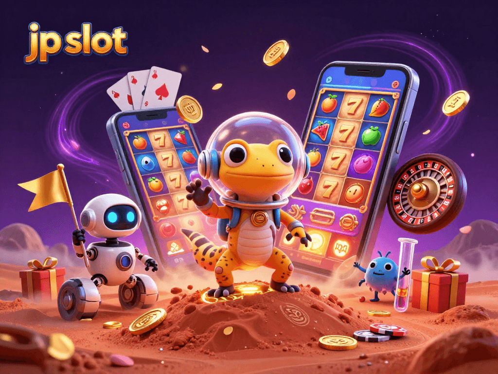 Spin jp slot reels with Martian gecko uncovering a hidden golden casino treasure.