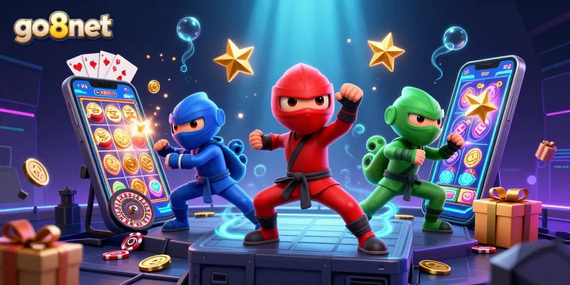 Experience thrilling gameplay with go8net's dynamic chameleon ninjas in an enchanting casino scene.