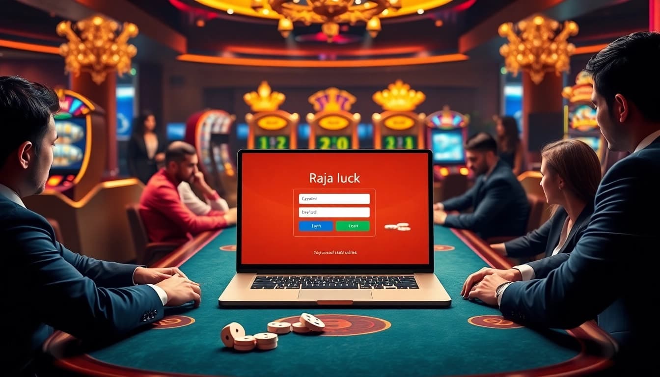 Engaging poker players using raja luck login on a sleek device in a luxurious casino setting.