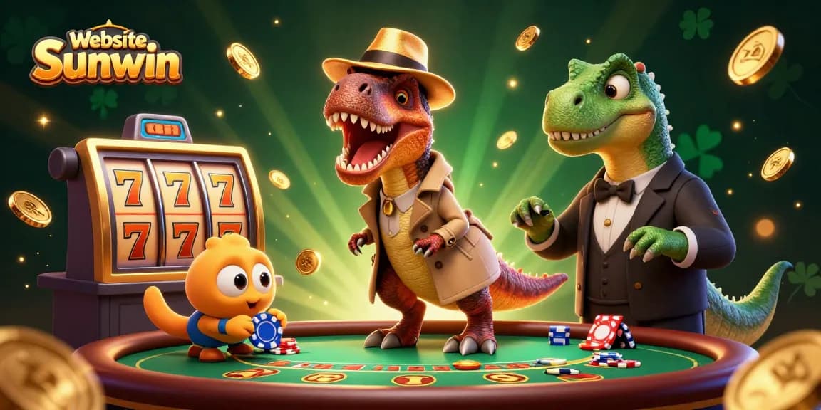 Experience thrilling gaming at Website Sunwin with animated dinosaurs in a vibrant online casino scene.