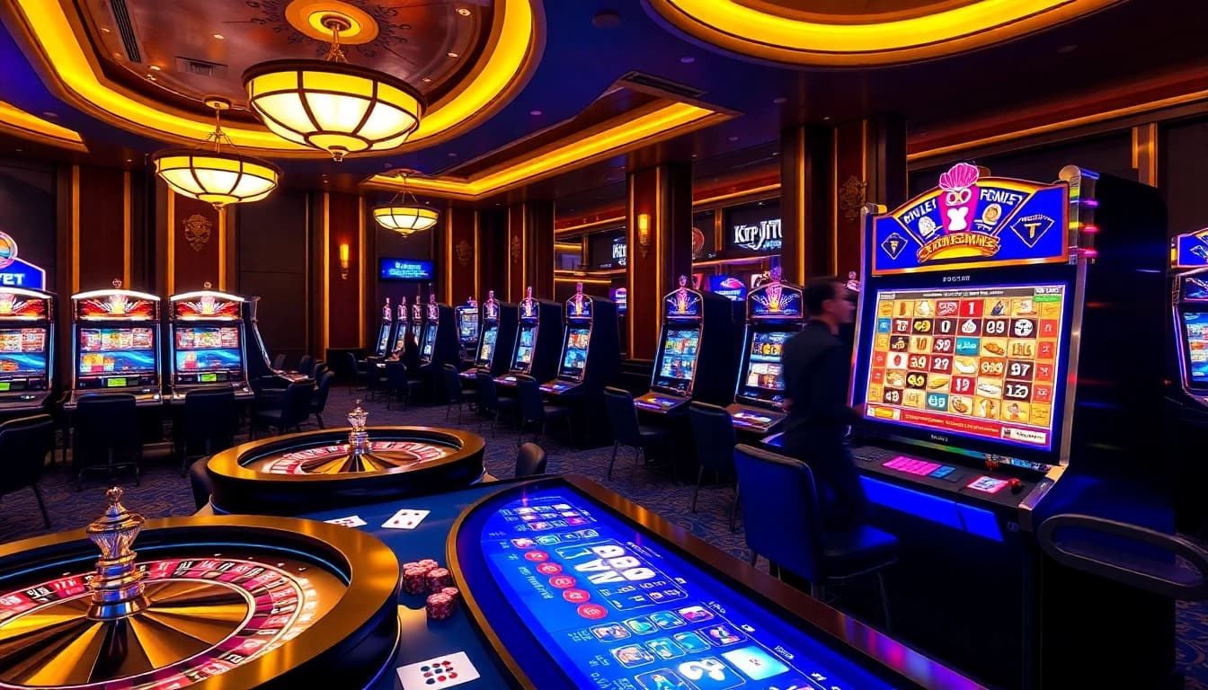 KTP JITU players enjoying lucrative slot games in a vibrant, luxurious casino environment.
