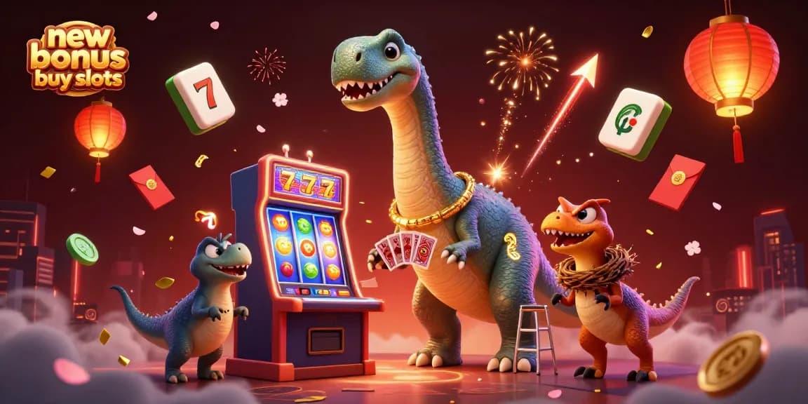 Experience new bonus buy slots with a vibrant 3D illustration featuring a towering brontosaurus and clever raptor.