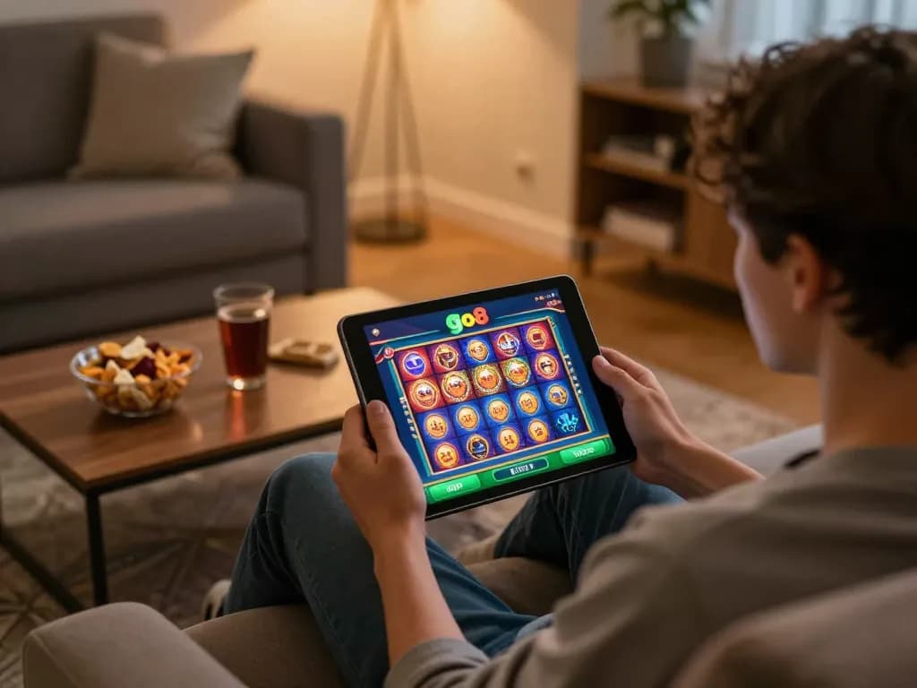 Engaging with the go8 casino app during a relaxed home gaming session.