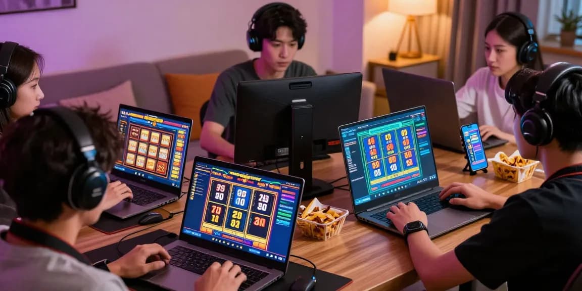 Menampilkan https://honda555.net/ dalam suasana ramai komunitas slot online, dengan perangkat digital dan permainan slot.