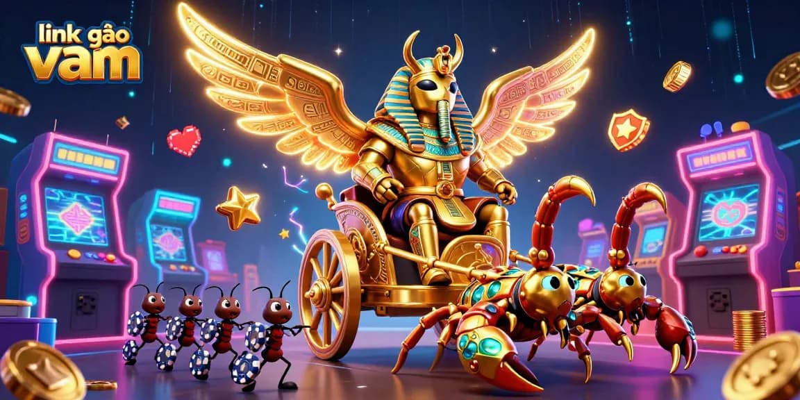Experience link vào vmax with a vibrant 3D casino scene featuring a colossal scarab and gaming elements.