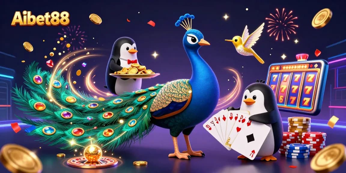 Aibet88 showcases vibrant casino entertainment with a dazzling peacock, golden chips, and sparkling elements.