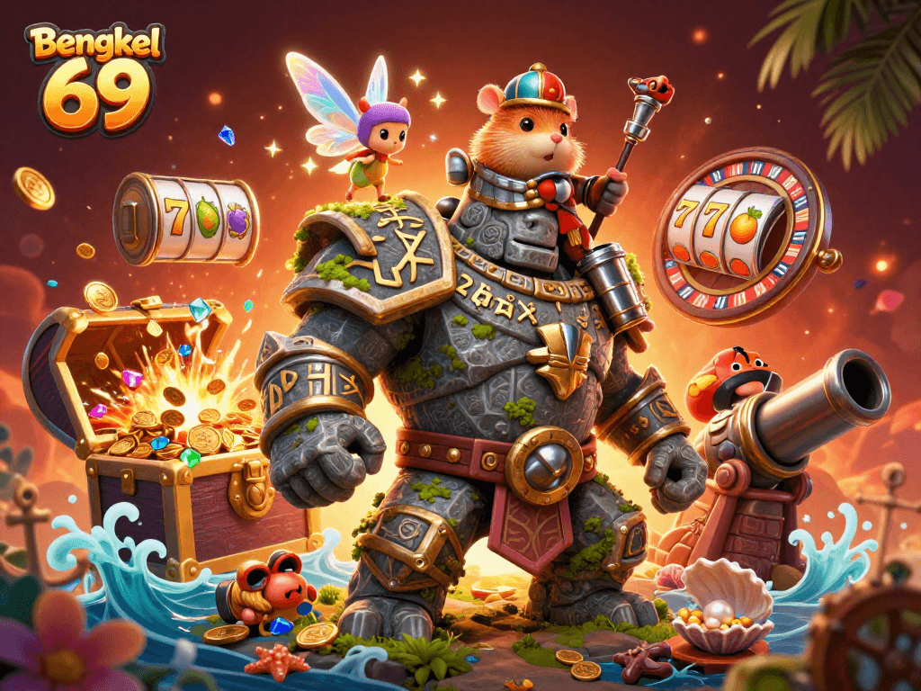 Bengkel 69 showcases a magical casino scene with vibrant characters amidst slot reels and treasure.