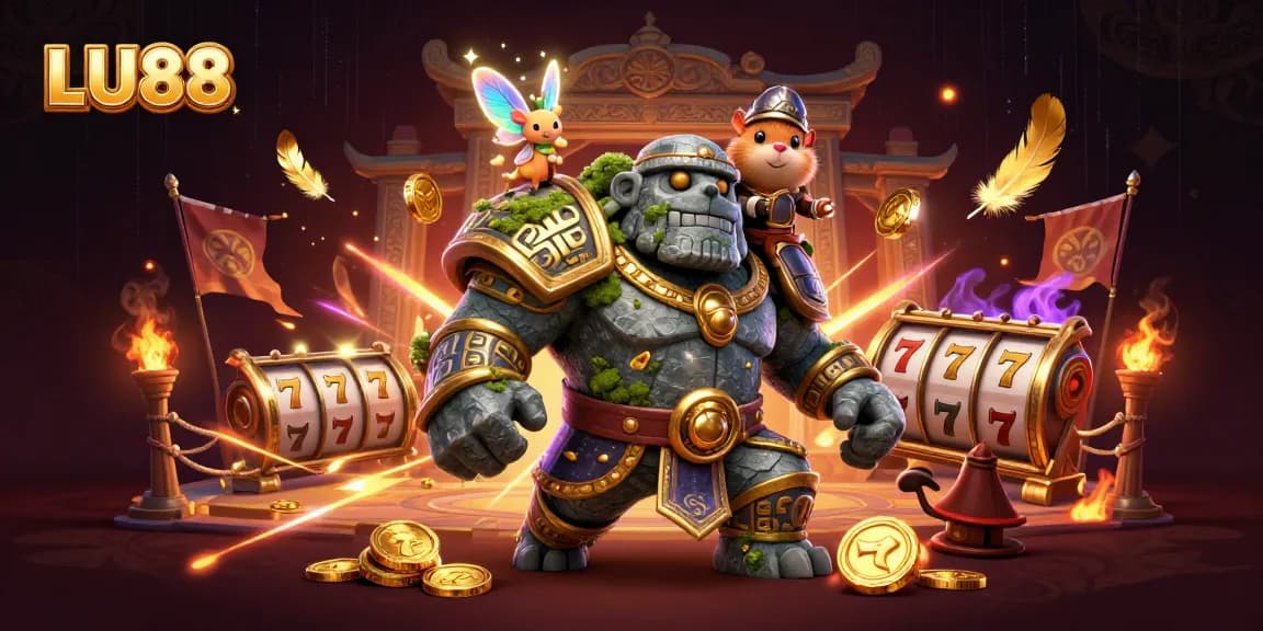 LU88 showcases vibrant slot gaming excitement featuring a golem, fairy, and hamster knight.