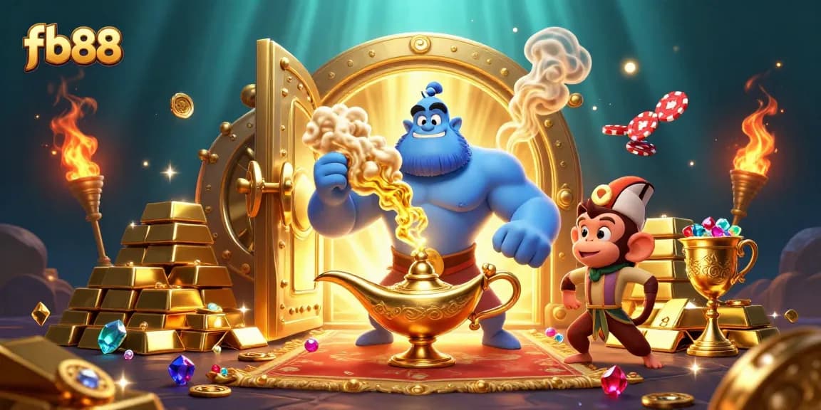 Experience fb88's enchanting casino world with a dynamic genie, treasure, and magic carpet.