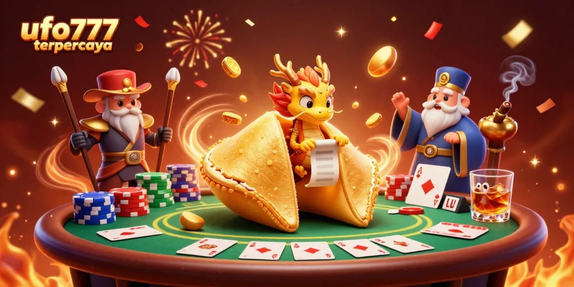 Experience ufo777 terpercaya with dynamic visuals of a golden fortune cookie and poker elements