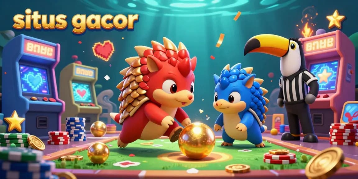 Situs gacor showcases a lively 3D casino scene with rival pangolins in action, rolling poker chips.