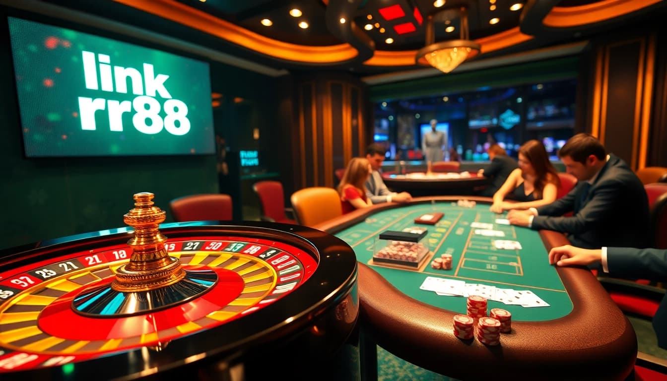 Discover players enjoying excitement at the casino with link rr88 prominently featured in a luxurious setting.
