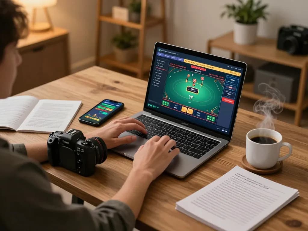 Intensely focused player engaging with nhà cái 388bet on laptop during online poker strategy session.
