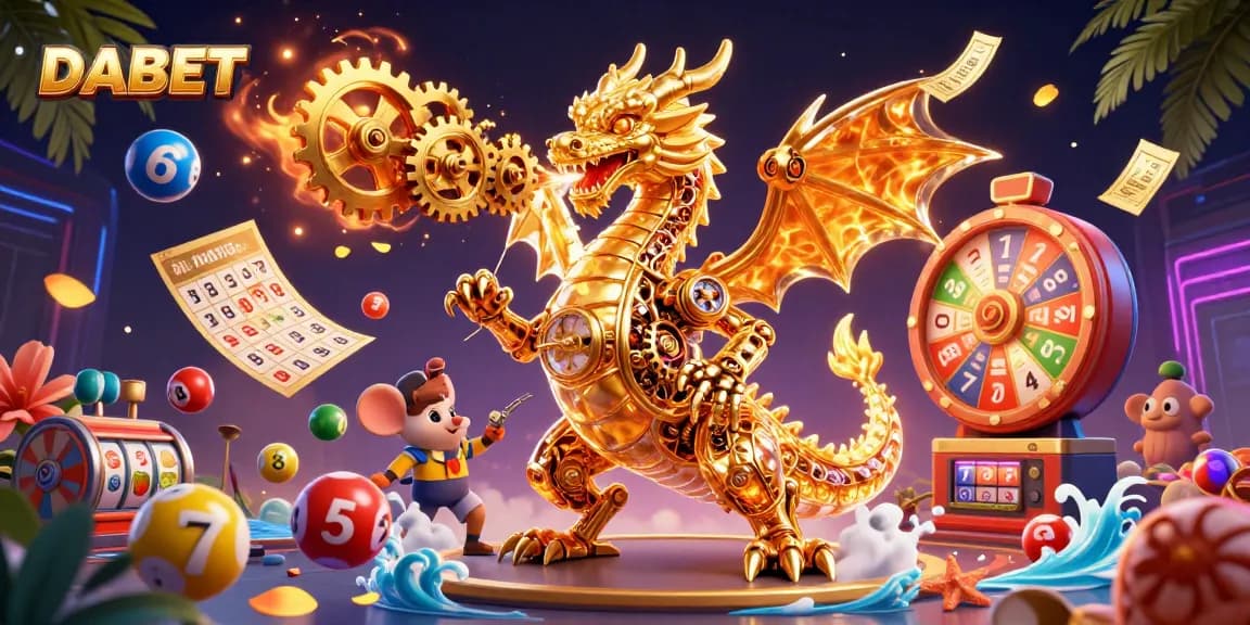DABET brand’s exciting lottery adventure featuring golden dragon and bouncing numbered balls in an animated casino scene