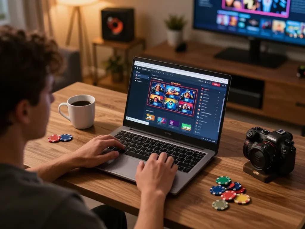 Player engaging with the LGOLUX online gaming platform at home, showcasing strategic gameplay and cozy decor