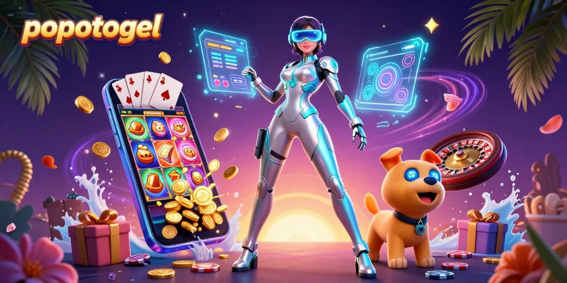 Experience the excitement with popotogel's vibrant gaming visuals featuring futuristic characters and dynamic casino elements.