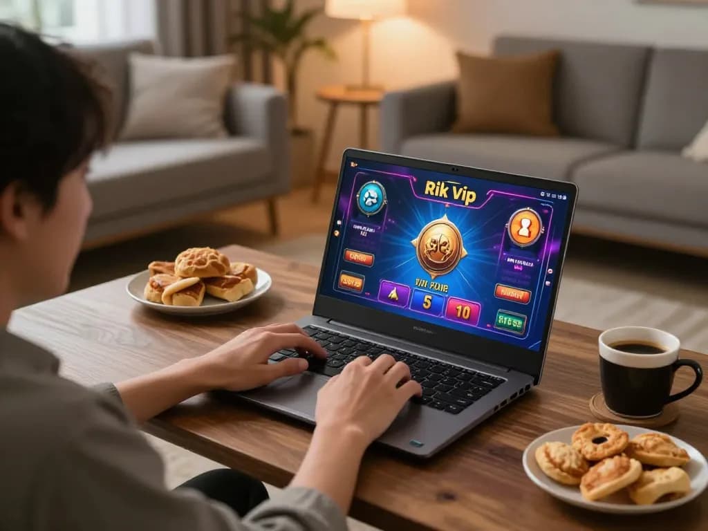 Enjoying Rik vip online gaming from a stylish home setup with laptop and snacks.