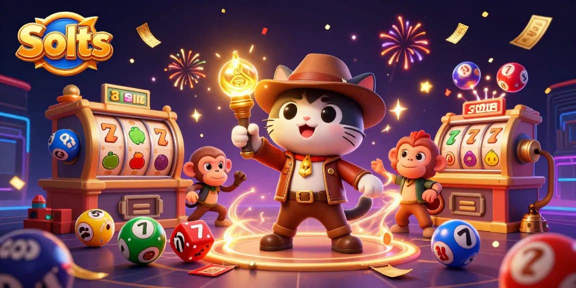 Explore Slots with a dynamic scene featuring an archaeologist cat and colorful casino elements.