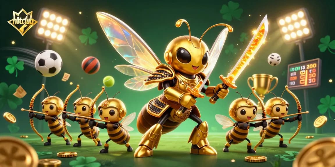 Engage with hitclub's dynamic gambling scene featuring a golden hornet and vibrant sports elements.