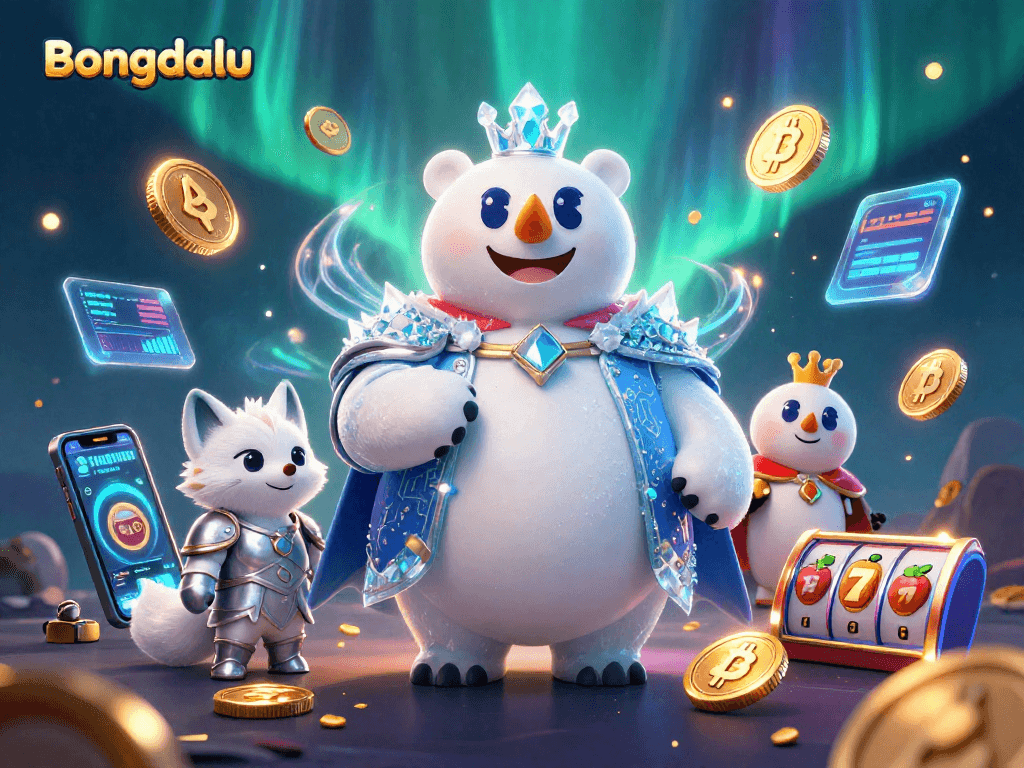 Bongdalu showcases a thrilling scene with an ice king polar bear and a snow fox, surrounded by vibrant casino elements.