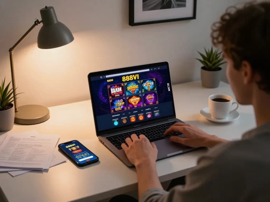Engaging with the 888VI Homepage on a laptop during a cozy home gaming session, showcasing strategic online gameplay.