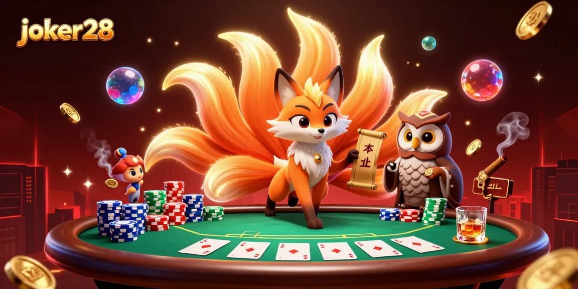 Engage with joker28 at this lively poker scene featuring a glowing nine-tailed fox and wise owl sage.